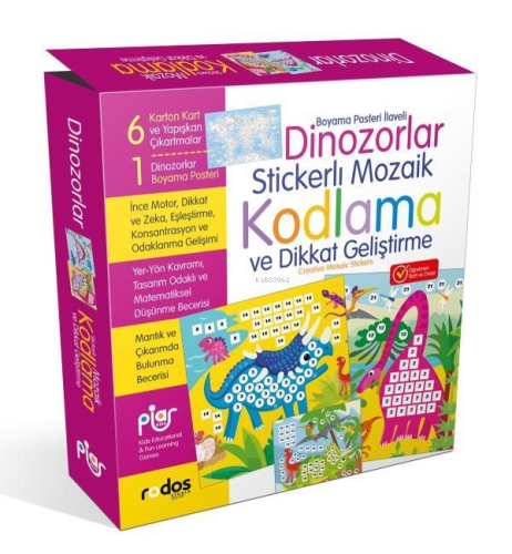 Dinozorlar Stickerli Mozaik Kodlama Ve Dikkat Geliştirme Oyun Seti | K