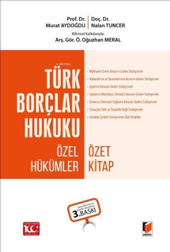 Türk Borçlar Hukuku - Özel Hükümler Özet Kitap | Murat Aydoğdu | Adale